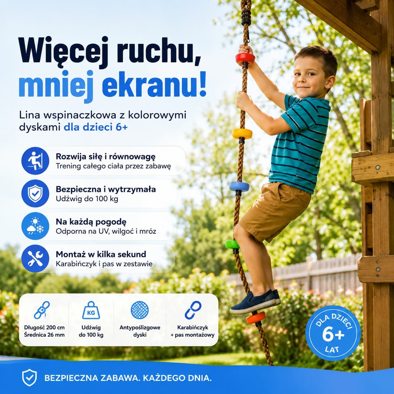 Lina wspinaczkowa dla dzieci 200 cm z platformami 100 kg